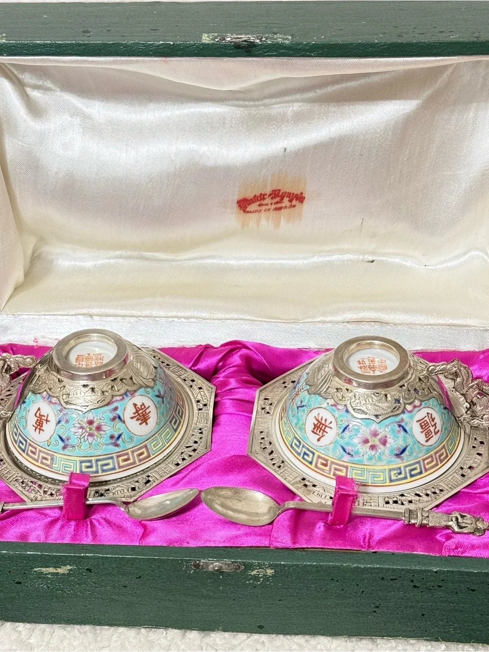 Vintage Famille Rose Tea Cup Saucer Set Pure Silver & Porcelain In Original Box
